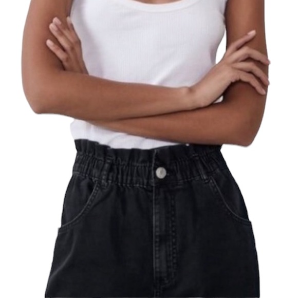 NWT Zara Black Elastic Paper Bag Waist Ultra High Rise 100% Cotton Jeans Size XL - Picture 3 of 16